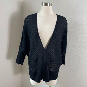 Eileen Fisher Womens XL Black 100% Wool 3/4 Dolman Sleeve Zip Cardigan Knit